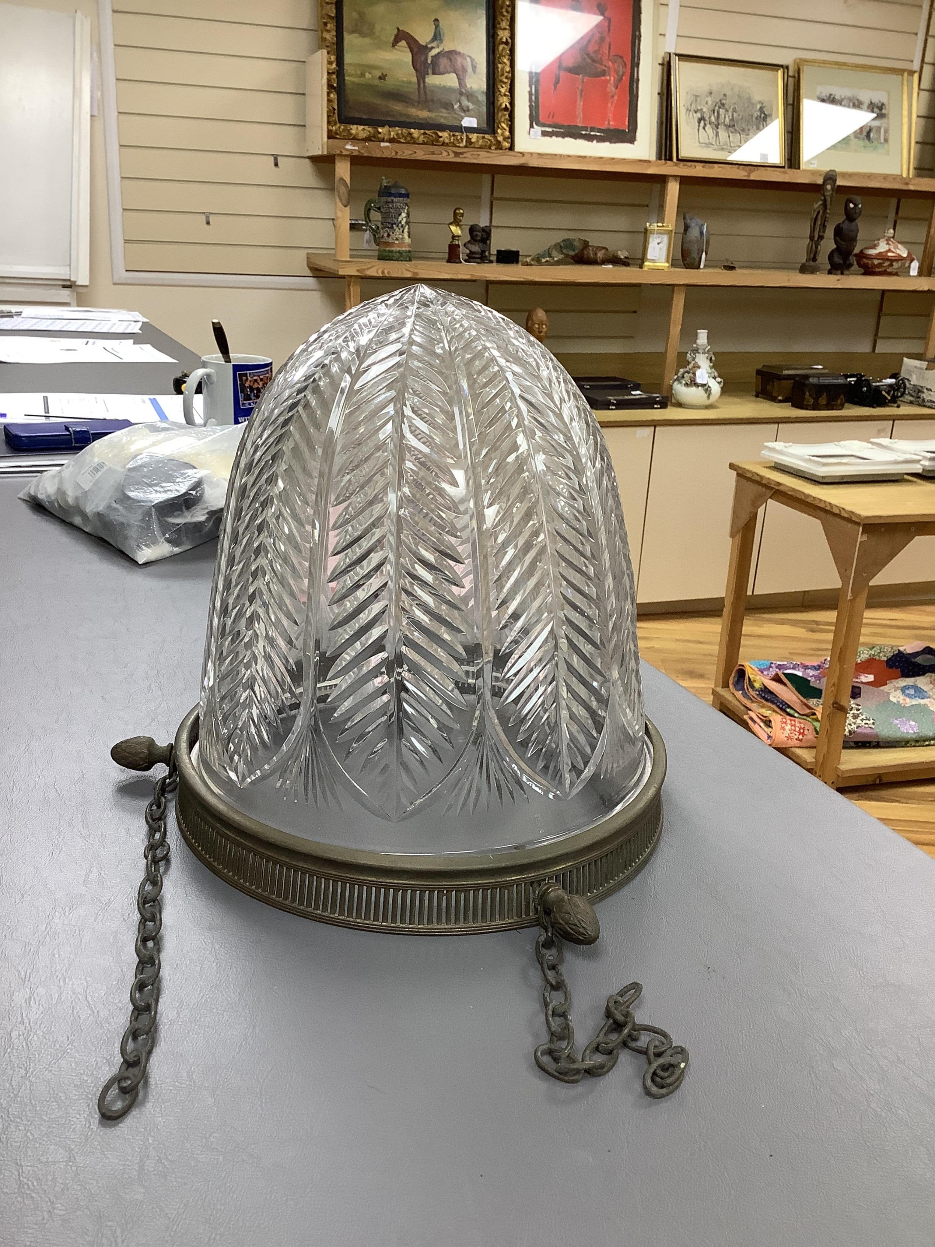 Two metal and glass lanterns, and a bag chandelier (3)